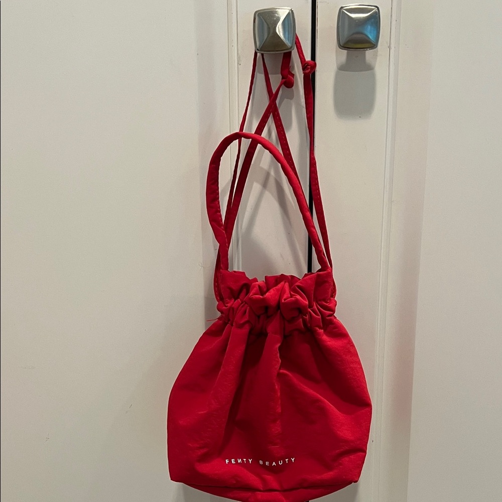 Fenty Beauty Red Drawstring Mini Bucket Bag cosmetic bag.